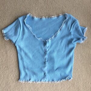Light Blue Lace-Trim Ribbed Button Front Top
